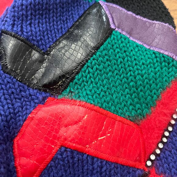 Vintage 80s Sweater Small Leather Angora Geometric Color Block Funky Retro - Picture 9 of 10